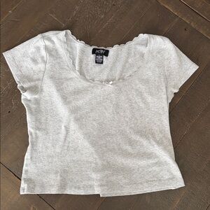 Just Polly Top Womens L‎ Grey Crop Baby Tee  Bow Eyelet Y2K Coquette